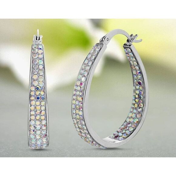Gorgeous Oval Aurora Borealis Swarovski Crystal Inside Out Hoop Earrings - Picture 5 of 6
